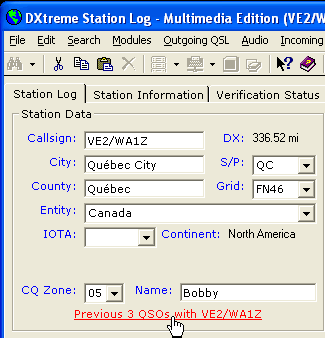 Clicking the Previous QSOs button.