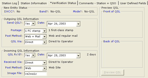 Adding a log entry - Verification Status tab.