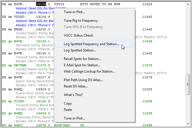Start a log entry for a desired spot or Grid/VUCC History item. Start a log entry for a desired spot or Grid/VUCC History item.