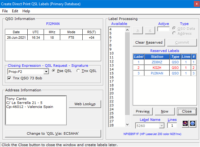 Create Direct Print QSL Label Window.