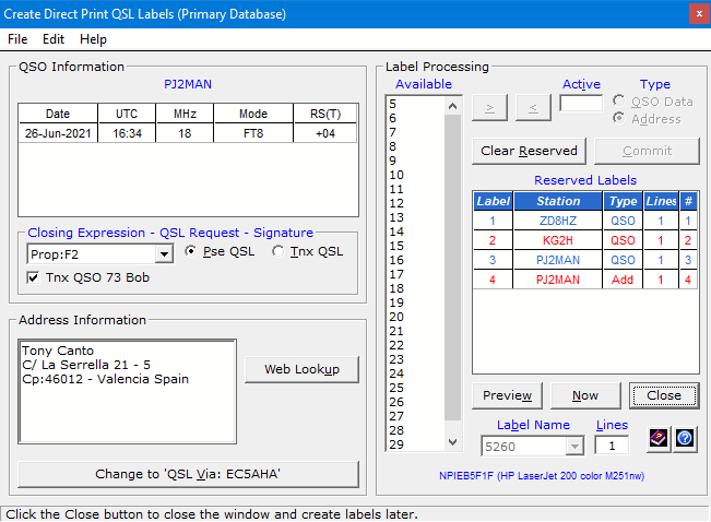 Create Direct Print QSL Label Window.