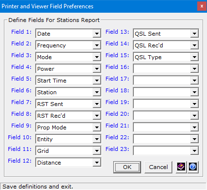 Setting the fields for a Stations report.