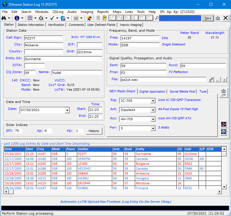 Last Log Entries grid - Station Log tab.